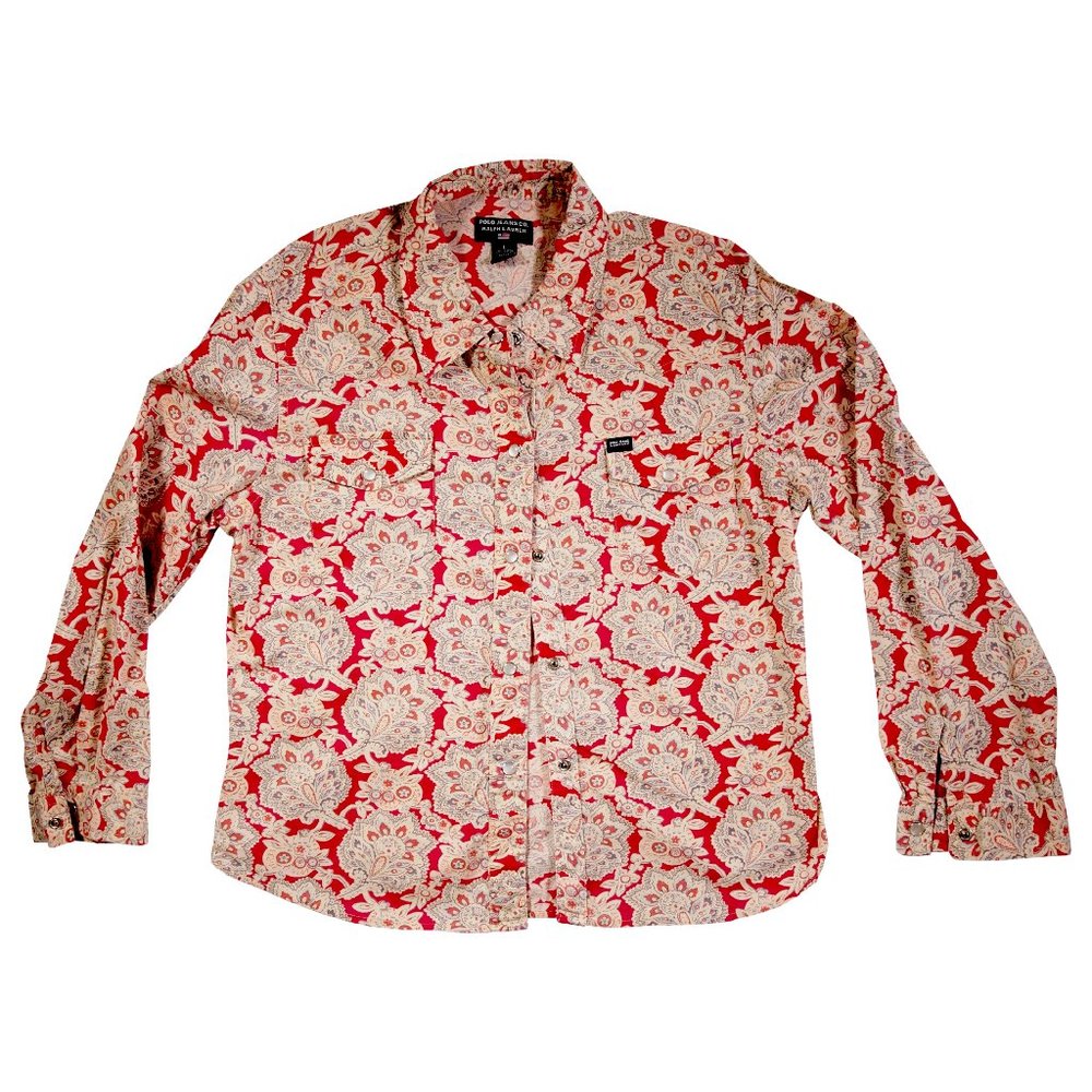 Polo Jeans, Ralph Lauren Paisley Top, Ladies Sz Large, Red/Cream, Western Style